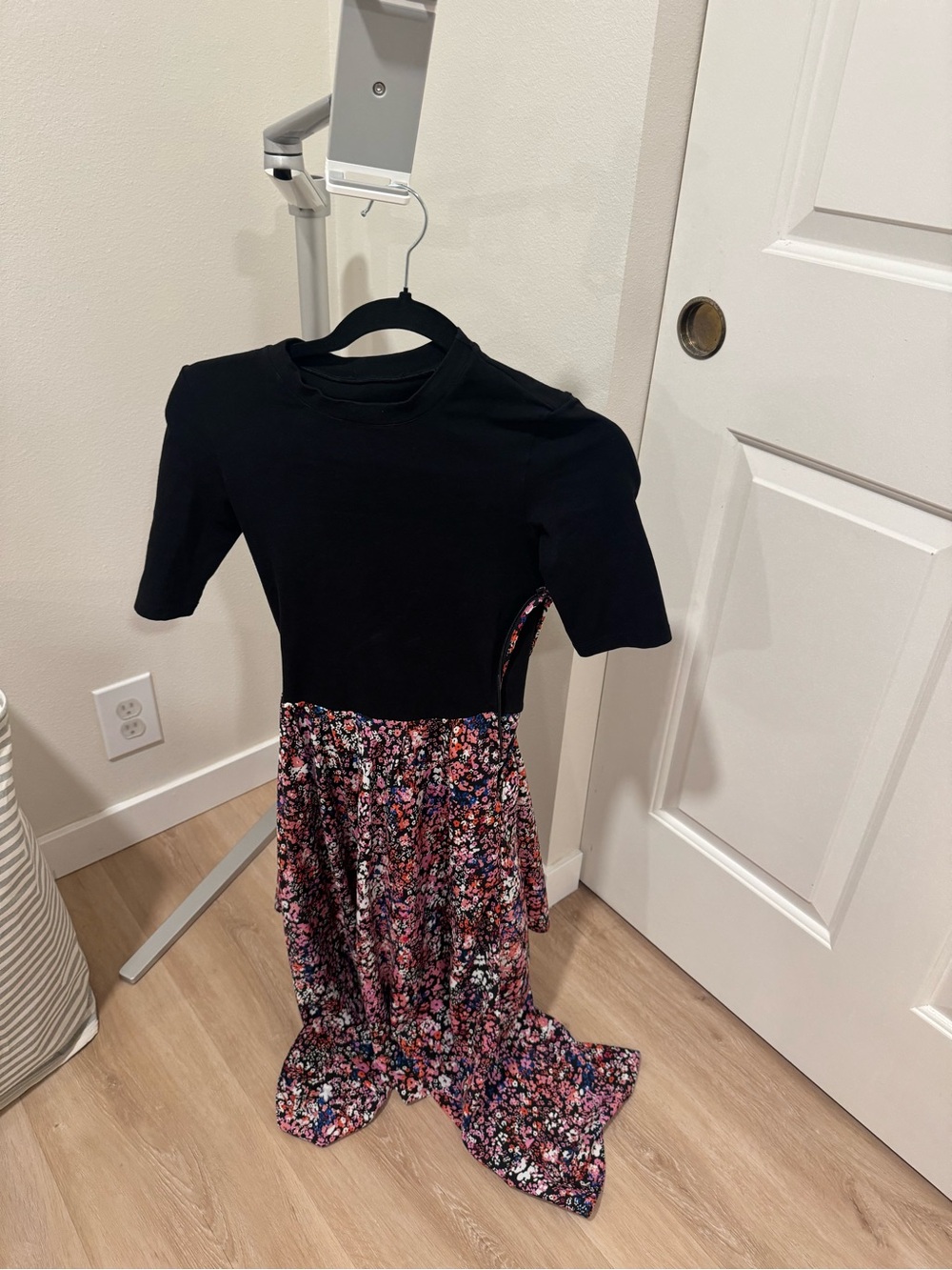 Maje Black Top with Multicolor Floral Midi Dress